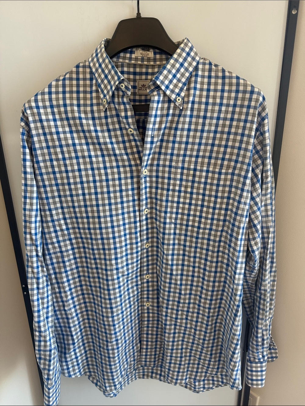 Peter Millar Men's Blue and White Plaid Button-Down Shirt